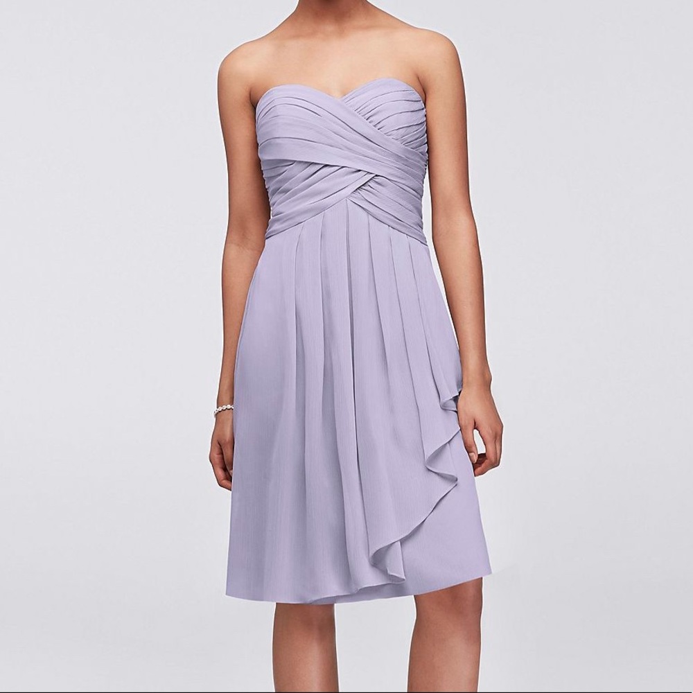 Lavender short bridesmaid dress by David’s Bridal